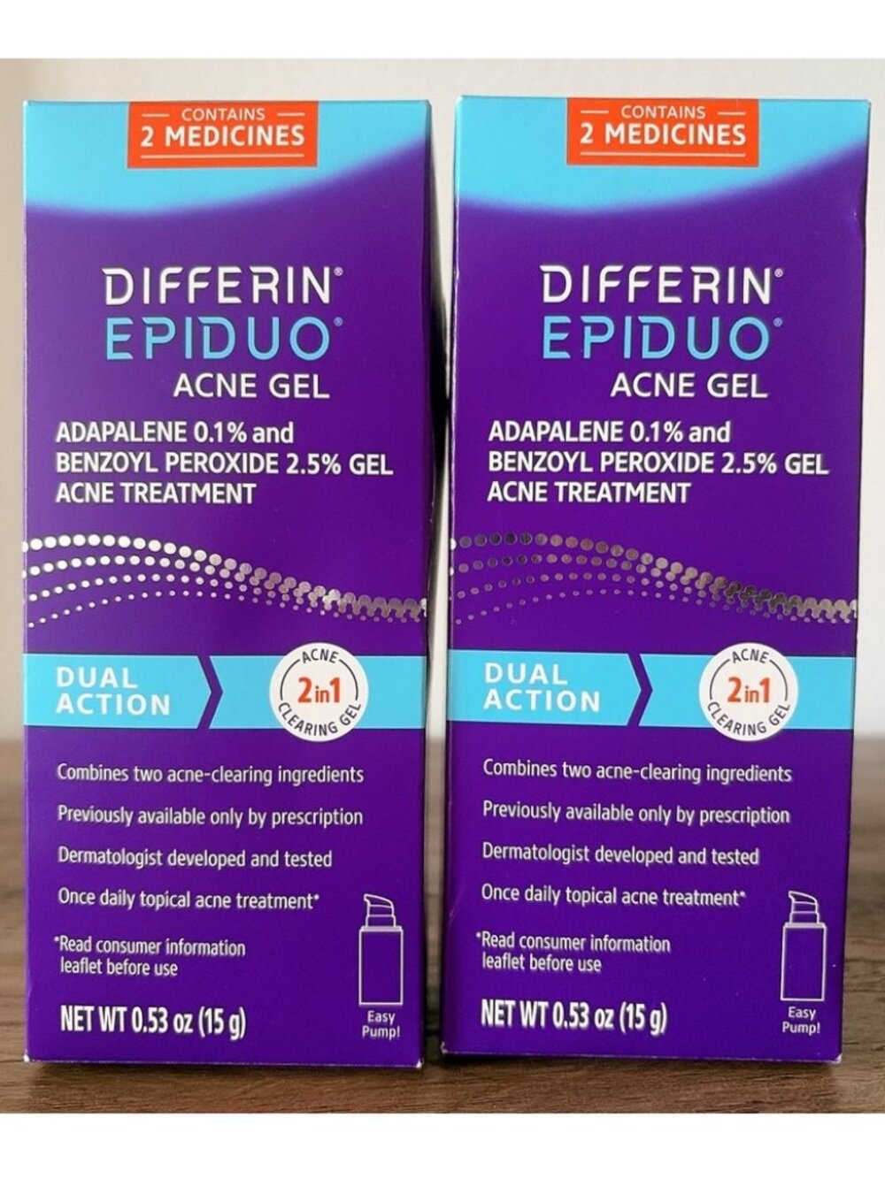 2x Differin Epiduo Acne Gel, 0.53 oz - Dual Action